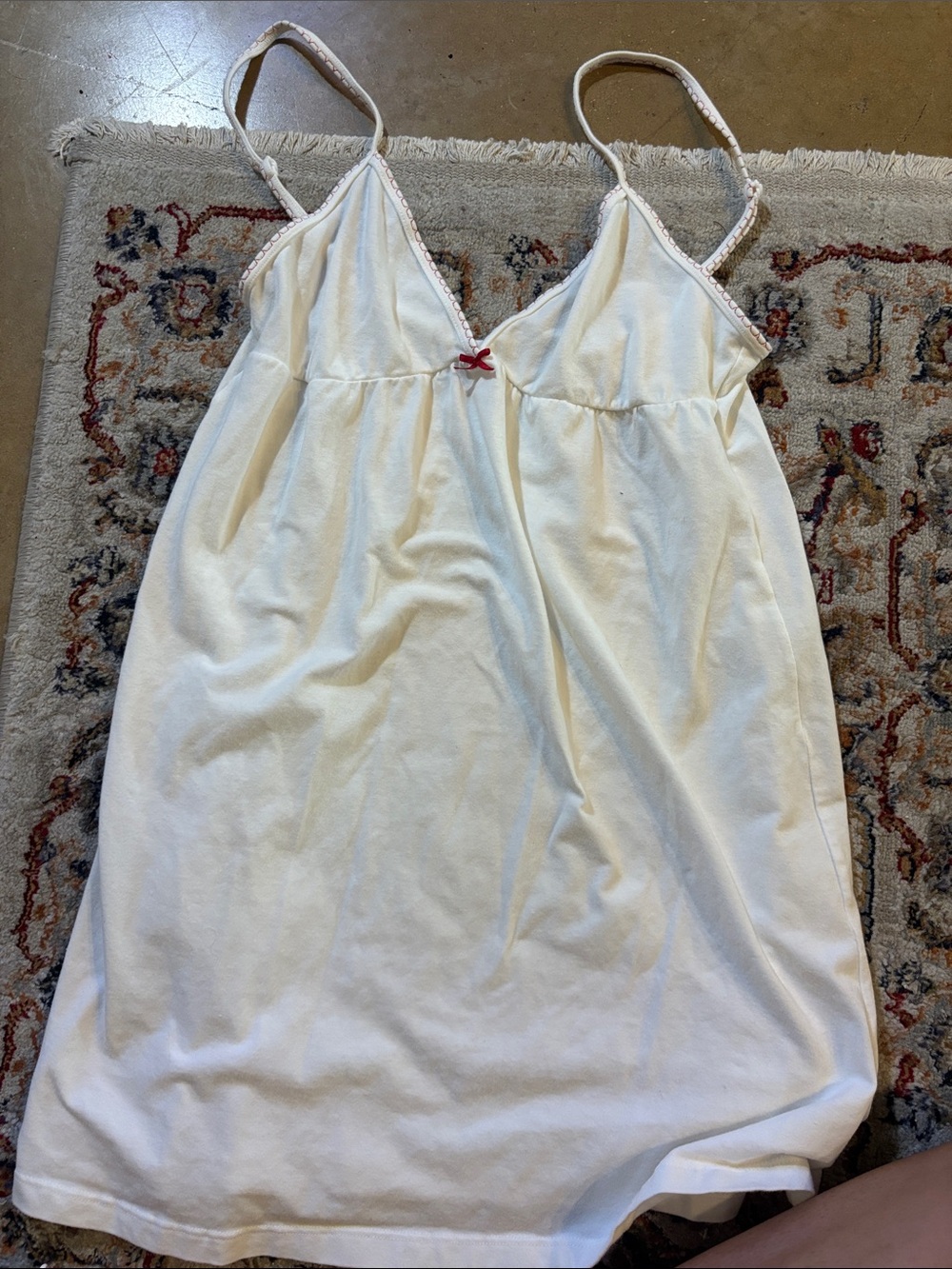 Brandy Melville Cream Lace-Trimmed Slip Dress with Red Bow
